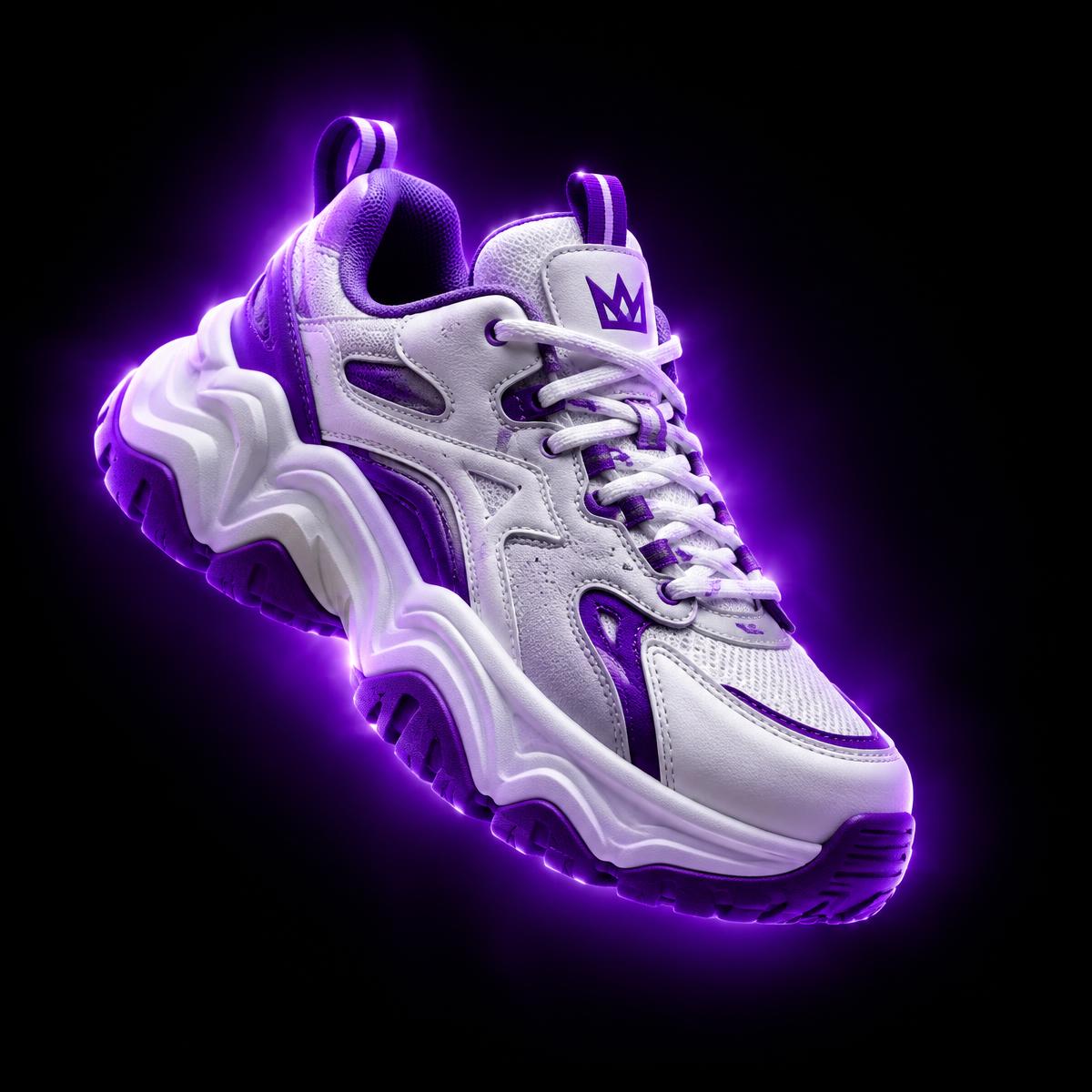 White and violet sneaker with a purple neon glow